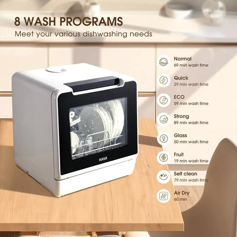 No Plumbing Headache Game Changer Countertop Dishwasher With Eight Knockout Clean Cycles, showing wash programs on a modern kitchen table.