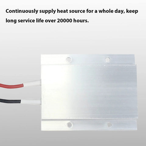 Front view of PTC heating element with aluminum shell, red and black leads, 12V, 50W