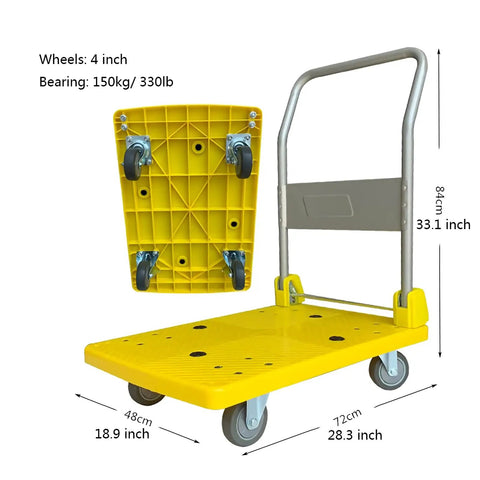 Heavy Duty Folding Flatbed Hand Cart With Sturdy Metal Handle And Silent Swivel Wheels Smooth Rolling Platform Dolly for easy transport.
