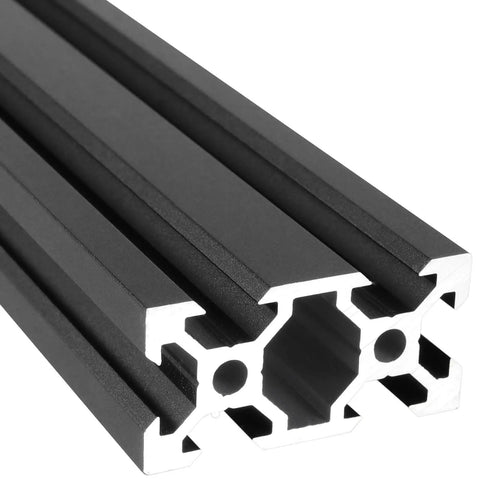 Close-up of anodized black 4 pack 2040 aluminum profile extrusion V slot linear rail guide frame 400mm for 3D printer and CNC projects.