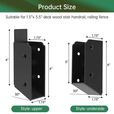 Heavy Duty 30 Degree Stair Deck Railing Brackets 304 Stainless Steel 2x4 Wood Post Connectors shown in upper and underside styles with size details.