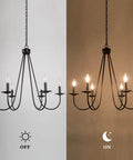 Black Six Light Farmhouse Chandelier With Candle Style Bulbs for Dining Room Bedroom and Living Room, lights on and off view.