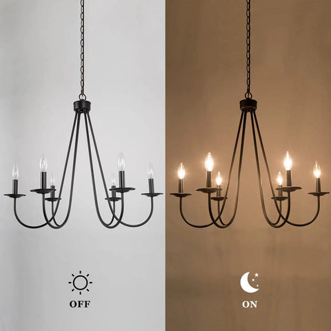 Black Six Light Farmhouse Chandelier With Candle Style Bulbs for Dining Room Bedroom and Living Room, lights on and off view.