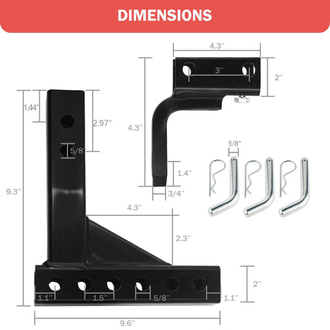 Adjustable Trailer Hitch Ball Mount For 2-Inch Receiver, 7500 Lbs Capacity, diagram showing dimensions with pins and clips