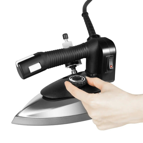 Pro Grade Industrial Electric Steam Iron Bringing Killer 1200W Heat And Zero Grind Titanium Gold Soleplate with adjustable dial.