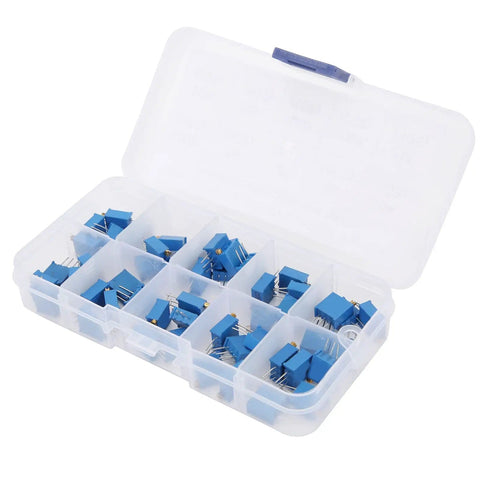 Multiturn Trimmer Potentiometer Kit 50 Piece Assortment With 10 Resistance Values From 100 Ohm To 1 Megaohm In Plastic Storage Case For PCB Calibration And Dial In Fine Tuning