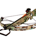 Horton crossbow with camo pattern, showing mounted sight and string configuration.