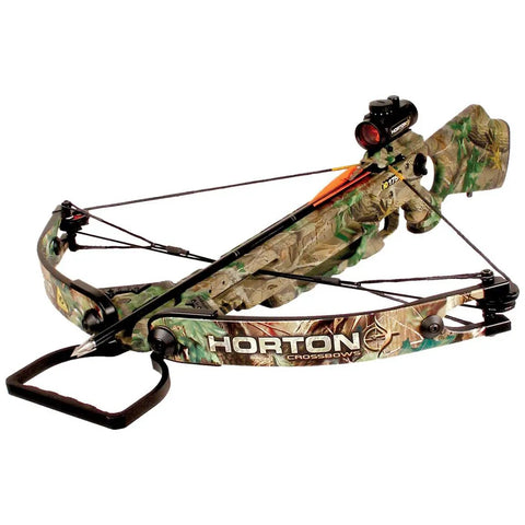 Horton crossbow with camo pattern, showing mounted sight and string configuration.