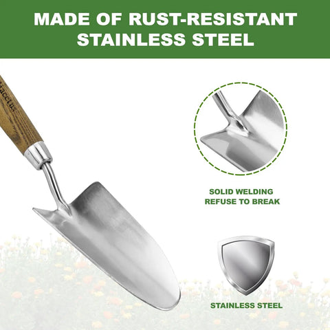 Beefy Stainless Steel Bend Proof Garden Trowel With Comfortable Wood Handle focusing on rust-resistant features and solid welding.