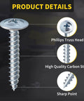 220 Piece Number 8 Truss Head Zinc Wood Screws Set With Phillips Drive featuring truss head, carbon steel, and sharp point