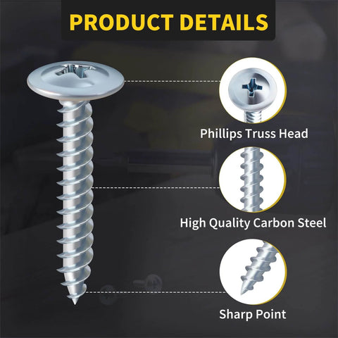 220 Piece Number 8 Truss Head Zinc Wood Screws Set With Phillips Drive featuring truss head, carbon steel, and sharp point
