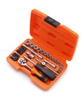 38 Piece One Quarter Inch Drive Tool Box Set In Orange With Chrome Vanadium Tools, Ratchet With Lock, Extensions, Sockets Four To Fourteen
