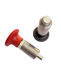 Heavy Duty Spring Loaded Pull Pins With Welded Barrel Red Handle And Screw Lock Steel Spring Plungers And Dowel Pins Diameter Four Tenths Inch Ten Millimeters Barrel Length About Forty Millimeters Easy Grip For Quick Latched Connections