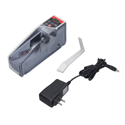 Portable Handheld Money Counter Machine For Fast, Accurate Bill Counting shown with power adapter and handle accessory
