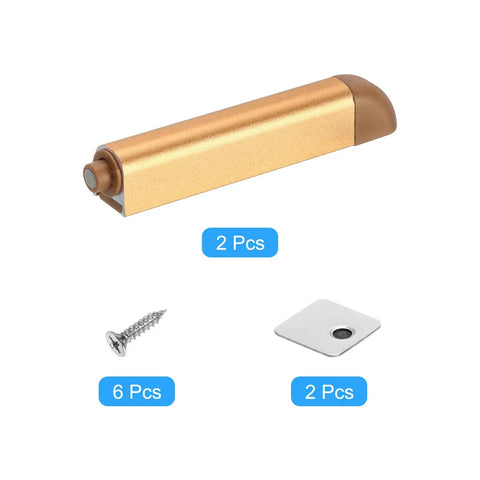 Push To Open Door Latch Set Aluminum Alloy Magnetic Latches Gold Finish 2 Pack with screws and mounting plates shown