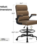 Tall Drafting Chair With Padded Flip Up Armrests, Ergonomic Leather Backrest, And Adjustable Footrest Ring For Standing Desks, All Day Comfort For Normal Desks Or Bar Height, Boss Level Posture Support, Tan, shown with dimensions.