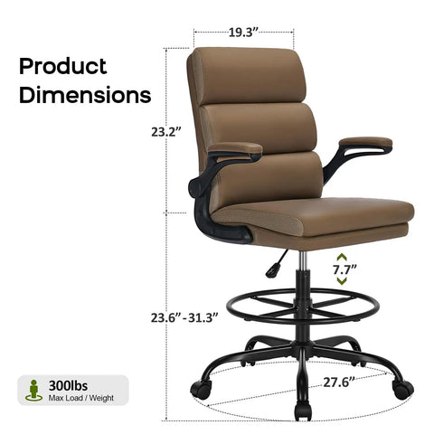 Tall Drafting Chair With Padded Flip Up Armrests, Ergonomic Leather Backrest, And Adjustable Footrest Ring For Standing Desks, All Day Comfort For Normal Desks Or Bar Height, Boss Level Posture Support, Tan, shown with dimensions.