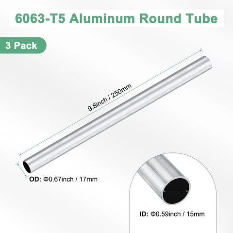 Three Pack 250mm Aluminum Round Tubes 6063 Seamless With 15mm ID And 17mm OD Heavy Duty Metal Pipe Diagram
