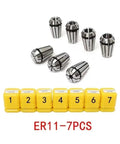 Solid One Set Er11 Collet Chuck Shaft Extension Rod For Milling Lathes And CNC Cutters Ensures Smooth High Speed Operation With Less Vibration To Boost Finish Quality On Heavy Load Work - 7 PCS ER11 collets with protective yellow cases.