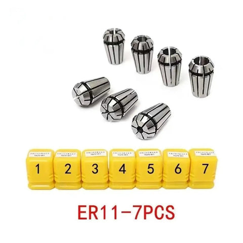 Solid One Set Er11 Collet Chuck Shaft Extension Rod For Milling Lathes And CNC Cutters Ensures Smooth High Speed Operation With Less Vibration To Boost Finish Quality On Heavy Load Work - 7 PCS ER11 collets with protective yellow cases.