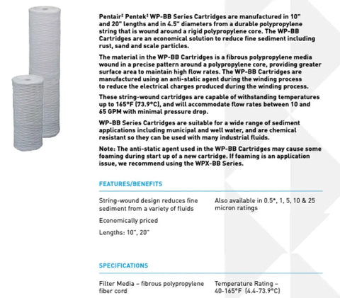 Big Blue 20 Inch Sediment Filter Cartridge For Whole House Water Filtration 5 Micron Polypropylene String Wound Durable Replacement For Standard 20 By Four And A Half Inch Housings Ideal For City Or Well Water, showing two cartridges and specifications.