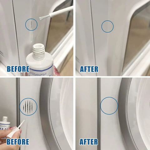 White Appliance Touch Up Paint Pen With High Gloss Finish For Refrigerator, Washer, Dryer, Dishwasher And Microwave Quick Dry Chip Resistant Water And Heat Safe Scratch Repair application and results on appliance surface