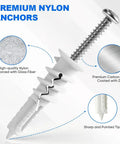 Close-up of a premium nylon anchor with a zinc-coated screw, part of the 50 Piece Self Drilling Drywall Anchor And Screw Kit.