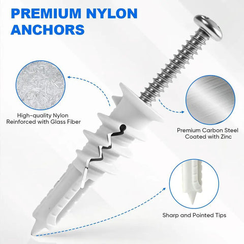 Close-up of a premium nylon anchor with a zinc-coated screw, part of the 50 Piece Self Drilling Drywall Anchor And Screw Kit.