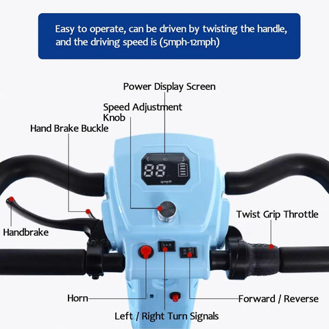 Electric golf cart controller with power display, twist grip throttle, speed adjustment, and turn signals for easy operation.