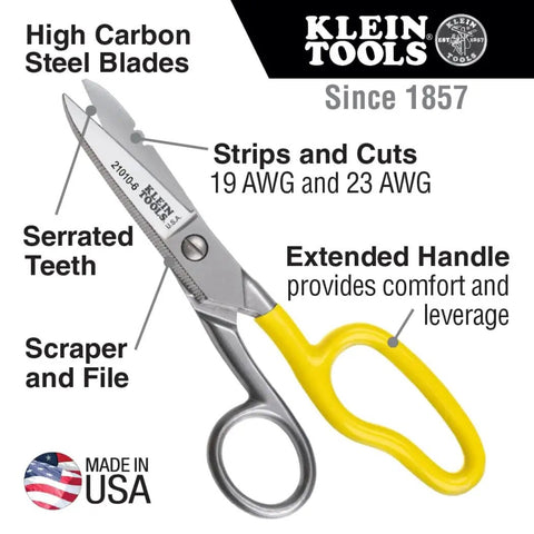 Image of Free-Fall Snip, Scraper, And File With Serrated Blades For Easy Wire, Cable, And Cordage Cuts, Strips 19 AWG And 23 AWG Wire, Extended Handle For Comfort And Leverage, Made In USA Handyman Grade Multi-Tool, showing high carbon steel blades and yellow handle.