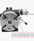 Heavy Duty Rock Solid Indexing Head Rotary Table For Vertical And Horizontal Milling Machines With 360 Degree Precision Graduated Turret And No Hassle Quick Release Handle For Daily Garage Work, side view with detailed disc sizes.