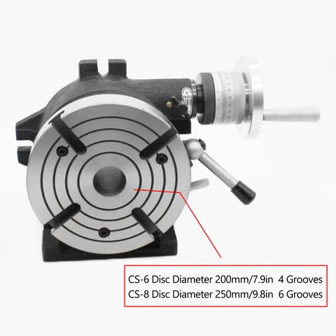 Heavy Duty Rock Solid Indexing Head Rotary Table For Vertical And Horizontal Milling Machines With 360 Degree Precision Graduated Turret And No Hassle Quick Release Handle For Daily Garage Work, side view with detailed disc sizes.