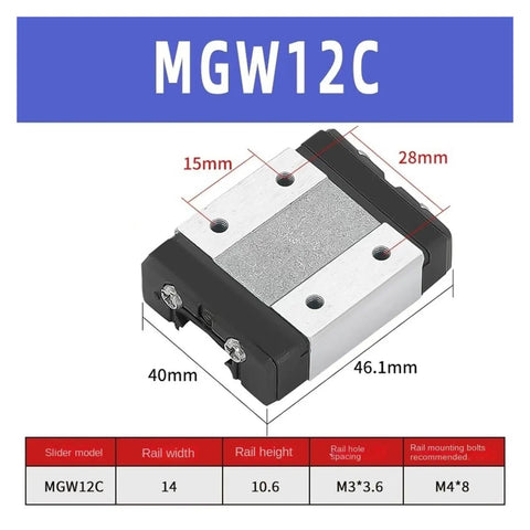 MGW12C sliding block for High Load Linear Rail Kit With MGW H Sliding Block For CNC Machines And 3D Printers, 40x46.1mm dimensions