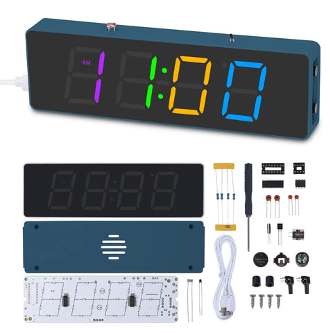 DIY Clock Soldering Kit With 4 Digit Digital Alarm Clock, RGB Lighting Modes, Large Display components and tools