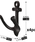 Nautical Sea Anchor Wall Hooks Set Of Four Cast Iron Vintage Coat Rack Heavy Duty Hangers For Bathroom Hallway Rustic Farmhouse Home Decor Built Different With Mounting Screws Black, single hook dimension 3.78x1.77x4.45 inches.