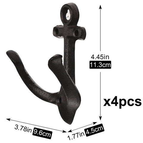 Nautical Sea Anchor Wall Hooks Set Of Four Cast Iron Vintage Coat Rack Heavy Duty Hangers For Bathroom Hallway Rustic Farmhouse Home Decor Built Different With Mounting Screws Black, single hook dimension 3.78x1.77x4.45 inches.