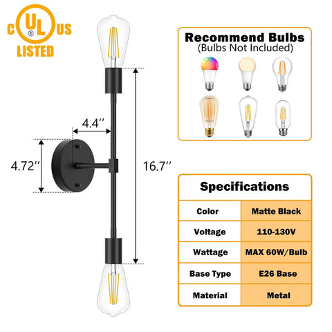 Modern Black Two Light Bathroom Vanity Sconce And Semi Flush Ceiling Fixture, matte steel, 16.7L x 4.7W inch, ideal for vanities.