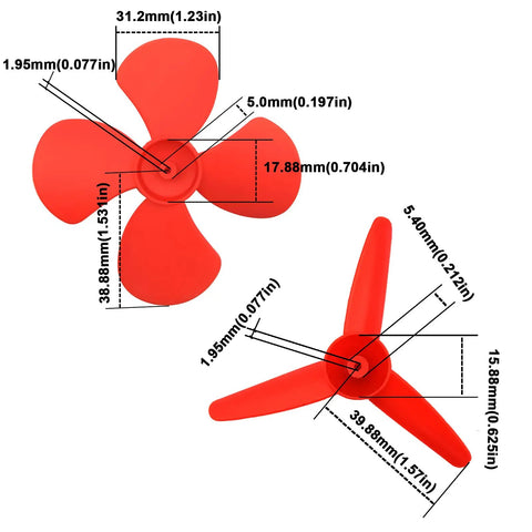 Red plastic propellers for 3V To 12V DC Motor Generator Kit With Plastic Motor Holder, dimensions labeled, different blade designs