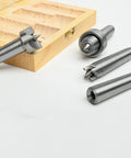 Wood Lathe Drive Center Set Four Piece With Live Tailstock Cup And Point Center And Dead Headstock Spur Centers shown with wooden case
