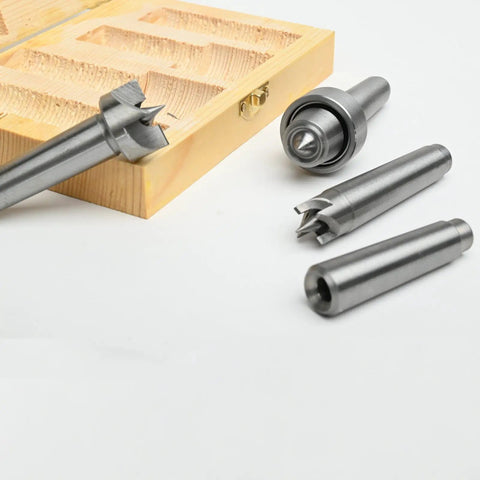 Wood Lathe Drive Center Set Four Piece With Live Tailstock Cup And Point Center And Dead Headstock Spur Centers shown with wooden case