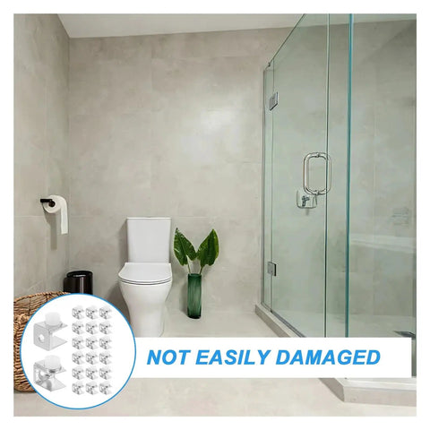 Bathroom with shower showing 40 Piece Zinc Alloy Glass Shelf Clamp Brackets for Shower Glass Panels and Floating Shelves.