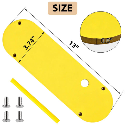 Zero Clearance Insert Throat Plate Set (3-Pack) with dimensions and leveling screws for table saws, yellow, 3.74x13 inches