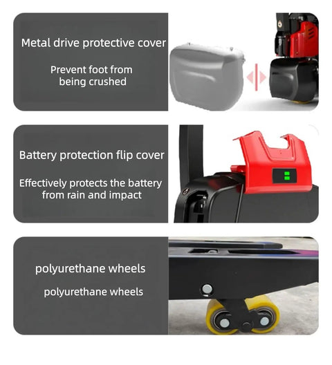 Heavy Duty Full Electric Pallet Jack With 3300 Lbs Capacity And Huge Fork Size showing protective metal cover and battery flip cover.
