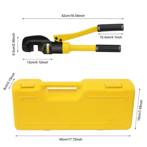 Heavy Duty 8 Ton Hydraulic Rebar Cutter Portable Bolt Cutting Tool with yellow storage box and measurements for steel rods.