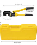 Heavy-Duty 8-Ton Hydraulic Rebar Cutter For Cut Steel Bars And Rods with yellow case, dimensions visible and manual lever.