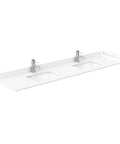 Killer 84 Inch Double Bathroom Vanity In White With Hella Smooth Cultured Marble Countertop And Undermount Square Sinks, top view.