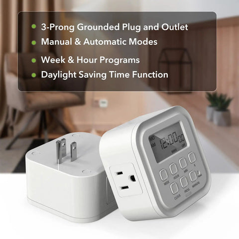 7 Day Heavy Duty Digital Timer With Dual Outlets For Lamps Lights Fans And Home Office Appliances 125V 15A 1875W 60Hz