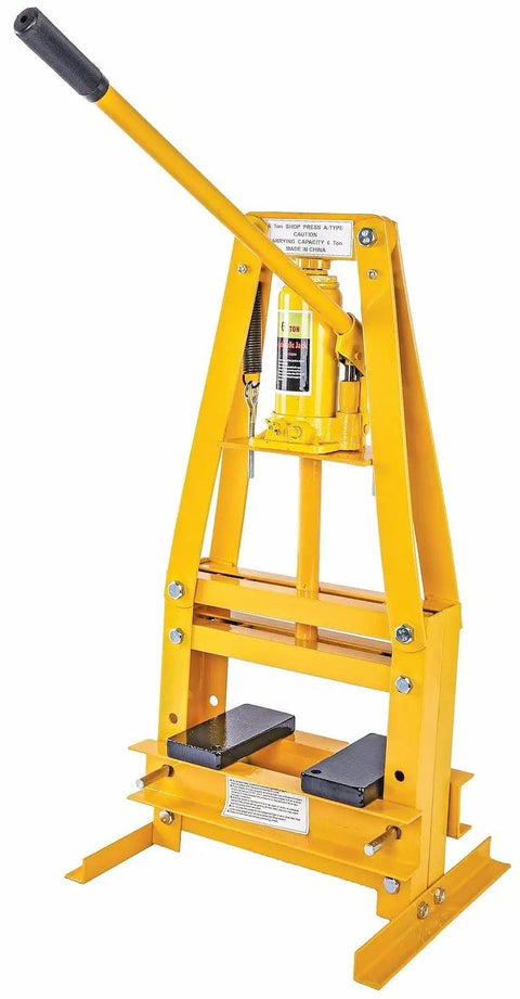 Hydraulic Shop Press With Steel Frame And Yellow Finish 6 Ton Bench Top Mount with 4 1/4 Inch Working Range.