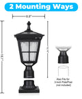 Outdoor Dusk To Dawn Solar Post Light for Garden and Yard Poles, cast aluminum, with glass lens, 8.8” wide by 18.1” tall, easy mount