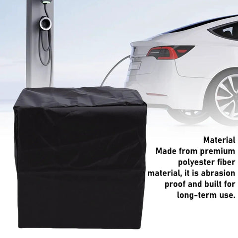Heavy Duty EV Wall Charger Cover, All Weather Outdoor Charging Enclosure, black polyester case protecting charger.